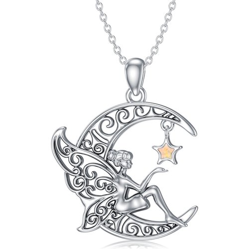 Sterling Silver Opal Fairy & Moon Pendant Necklace