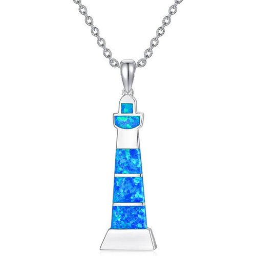 Sterling Silver Opal Lighthouse Pendant Necklace