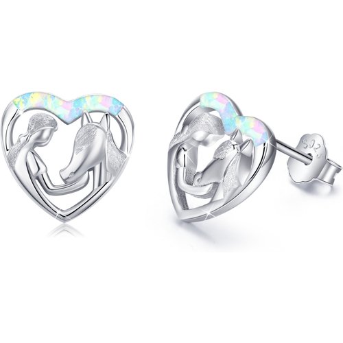 Sterling Silver Opal Horse & Heart Stud Earrings