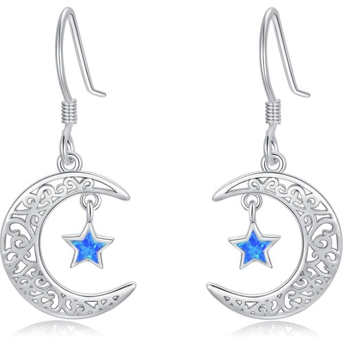Sterling Silver Opal Moon Drop Earrings