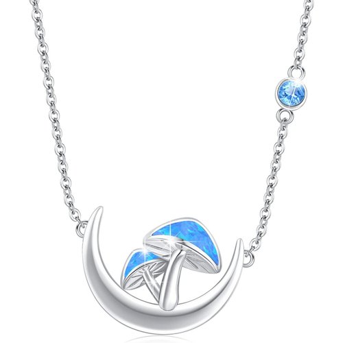 Sterling Silver Opal Mushroom & Moon Pendant Necklace