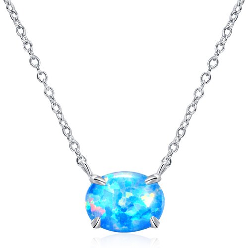 Sterling Silver Opal Oval Shaped Pendant Necklace