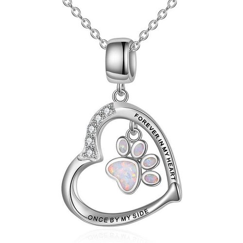 Sterling Silver Opal Paw & Heart Pendant Necklace with Engraved Word
