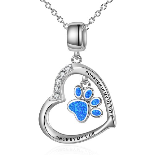 Sterling Silver Cubic Zirconia Opal Paw With Heart Pendant Necklace With Engraved Word For Women