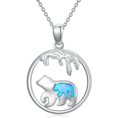 Sterling Silver Opal Polar Bear & Mother Pendant Necklace