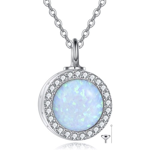 Sterling Silver Opal Round Urn Necklace for Ashes for women