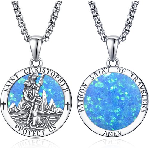 Sterling Silver Opal Saint Christopher Pendant Necklace with Engraved Word for Men