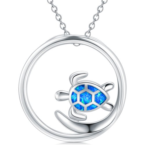 Sterling Silver Opal Sea Turtle Circle Pendant Necklace