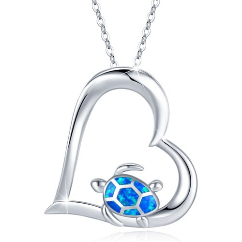 Sterling Silver Opal Sea Turtle & Heart Pendant Necklace