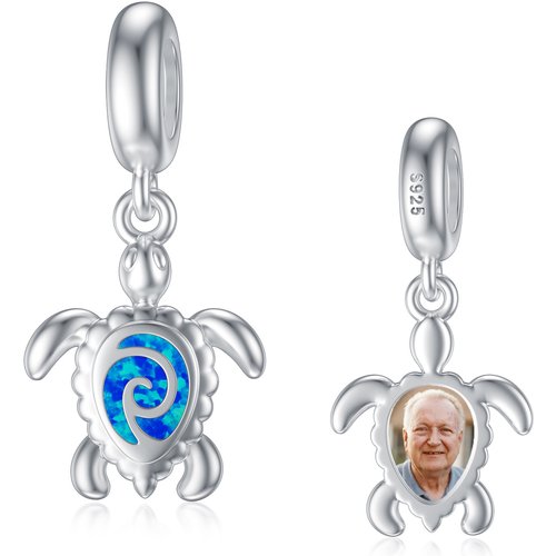 Sterling Silver Opal Sea Turtle & Personalized Photo Dangle Charm