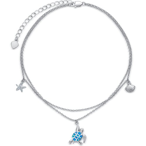 Sterling Silver Opal Sea Turtle Starfish And Shell Multi-Layered Chain Anklet For Women