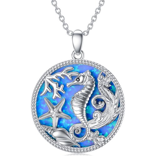 Sterling Silver Opal Seahorse & Starfish Pendant Necklace