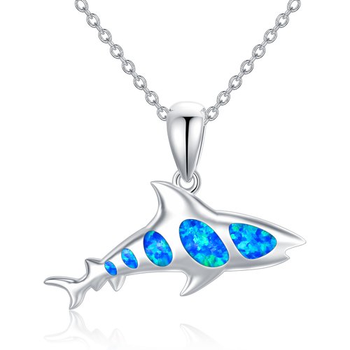 Sterling Silver Opal Shark Pendant Necklace