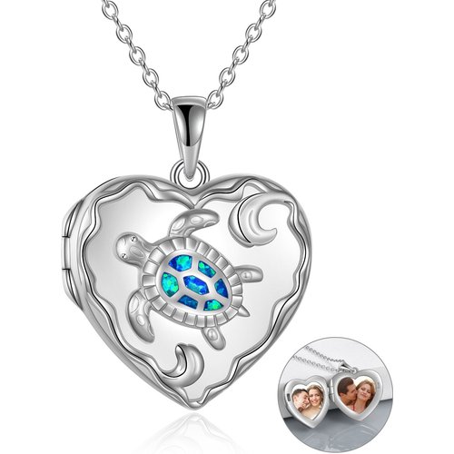 Sterling Silver Opal Turtle Heart Personalized Photo Locket Necklace With Engraved Word For Women