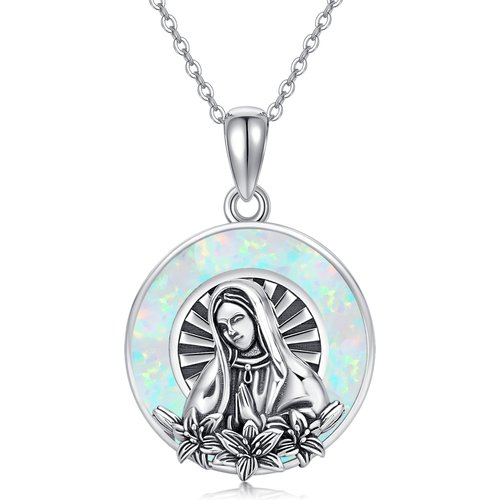 Sterling Silver Opal Virgin Mary Pendant Necklace