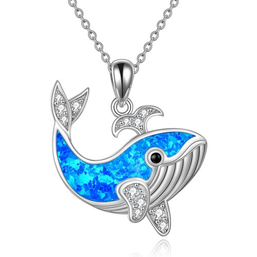 Sterling Silver Cubic Zirconia & Opal Whale Pendant Necklace