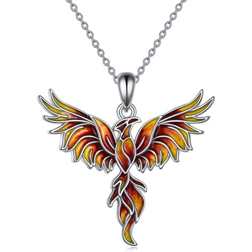 Sterling Silver Orange Glazed Phoenix Pendant Necklace