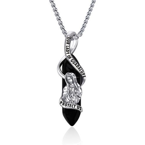 Sterling Silver Our Lady Of Guadalupe Crystal Pendant Necklace with Engraved Word