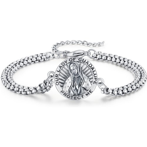 Sterling Silver Our Lady Of Guadalupe Charm Bracelet with Engraved Word for Men