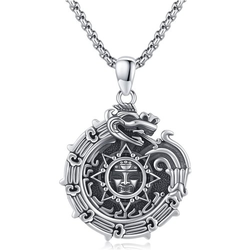 Sterling Silver Ouroboros & Aztec Calendar Pendant Necklace for Men
