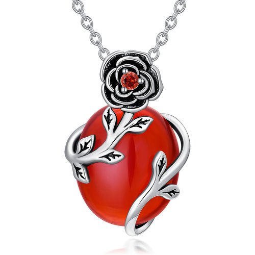 Sterling Silver Oval Agate Rose Pendant Necklace