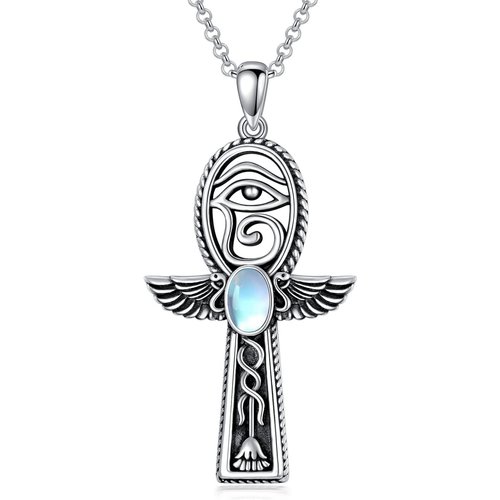 Sterling Silver Oval Moonstone Ankh & Eye Of Horus Pendant Necklace