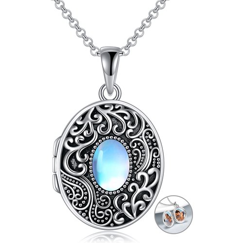 Sterling Silver Oval Moonstone Personalised Photo Locket Necklace With Engraved Word For Unisex