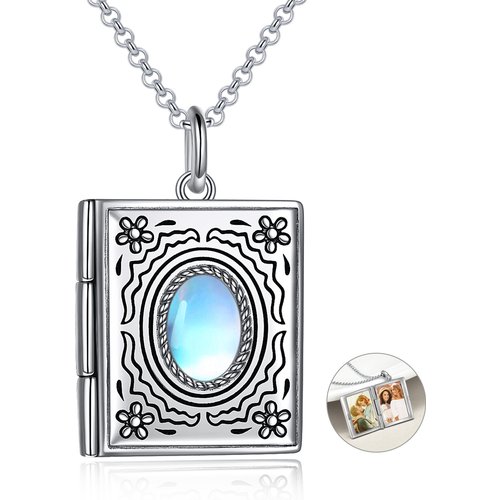 Sterling Silver Oval Moonstone Sunflower Personalized Photo Locket Necklace
