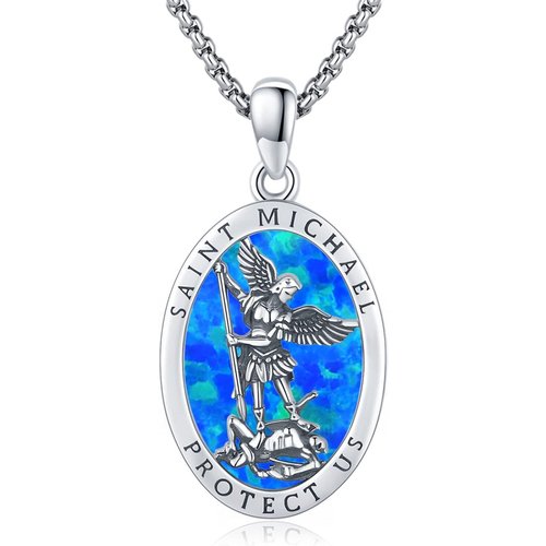 Sterling Silver Oval Opal Saint Michael Pendant Necklace for Men