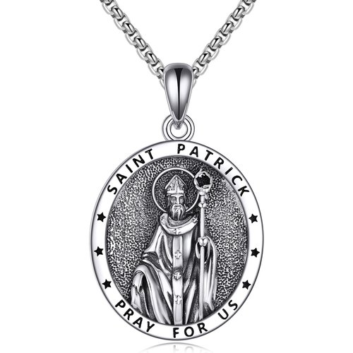 Sterling Silver Oval Saint Patrick Pendant Necklace with Engraved Word
