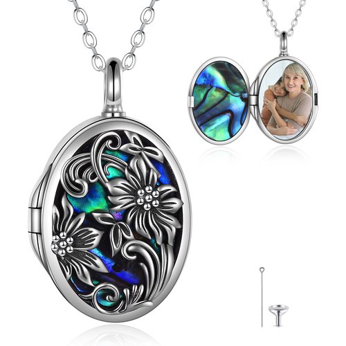 Sterling Silver Oval Shaped Abalone Shellfish Sunflower Urn Necklace for Ashes with Engraved Word