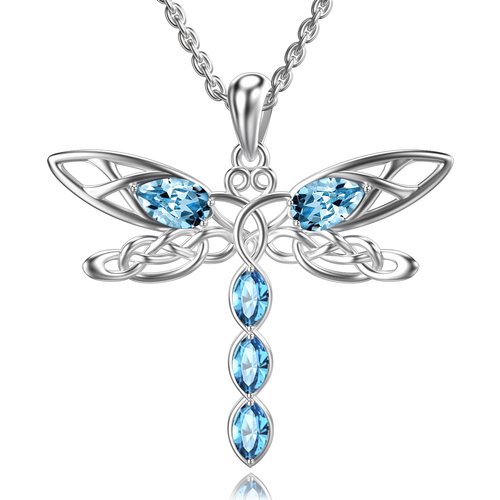 Sterling Silver Oval Shaped Crystal Dragonfly & Celtic Knot Pendant Necklace