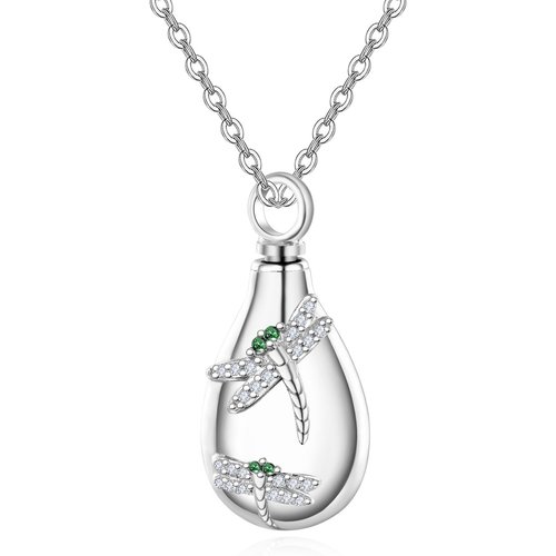 Sterling Silver Oval Shaped Cubic Zirconia Dragonfly Urn Necklace for Ashes