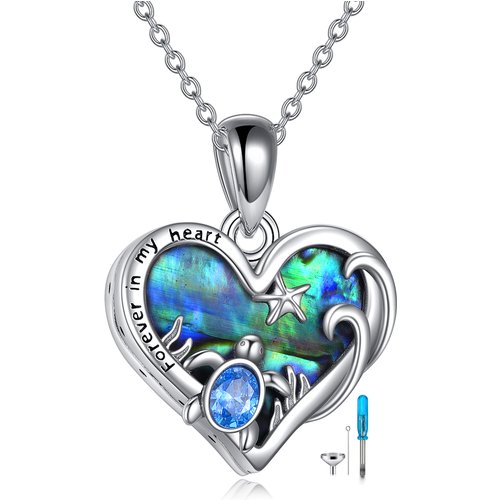 Sterling Silver Heart Abalone Shellfish With Crystal Sea Turtle & Starfish Urn Necklace For Ashes