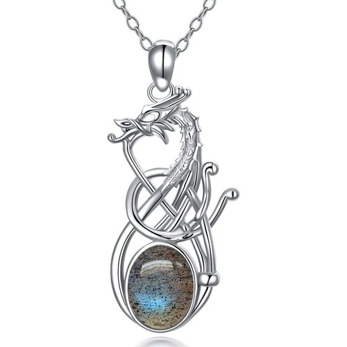 Sterling Silver Oval Shaped Lablagite Dragon Pendant Necklace
