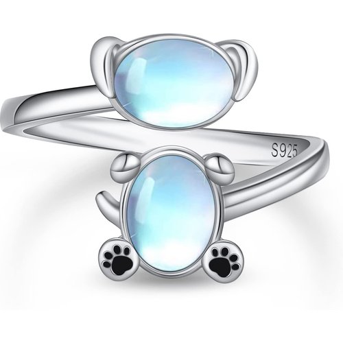 Sterling Silver Oval Shaped Moonstone Dog Open Ring