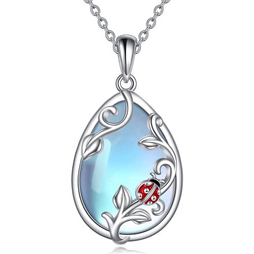 Sterling Silver Oval Shaped Moonstone Ladybug Pendant Necklace