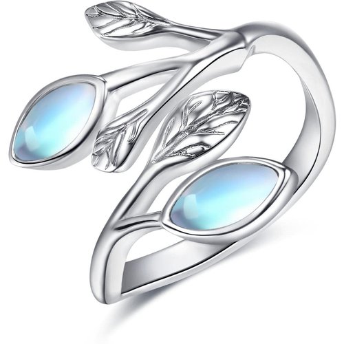 Sterling Silver Oval Shaped Moonstone Leaves & Olive Branch Open Ring