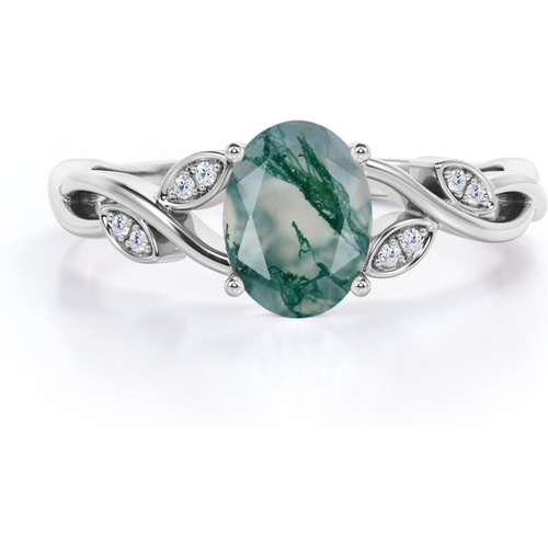Sterling Silver Oval Moss Agate Engagement Ring For Women