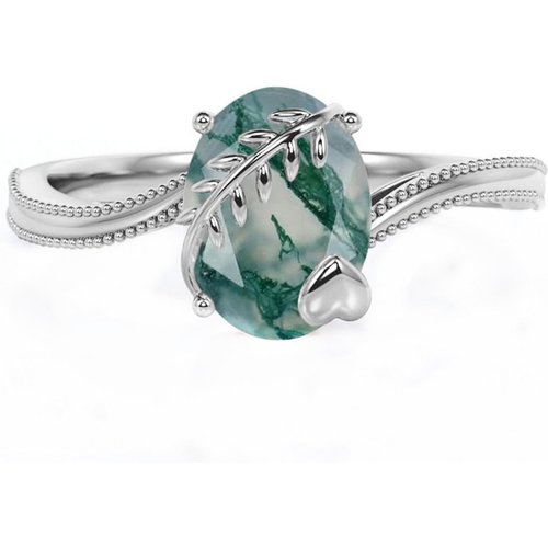 Sterling Silver Oval Shaped Moss Agate & Heart Engagement Ring