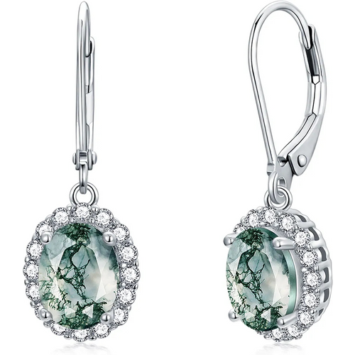 Sterling Silver Oval Moss Agate Lever-Back Earrings For Women
