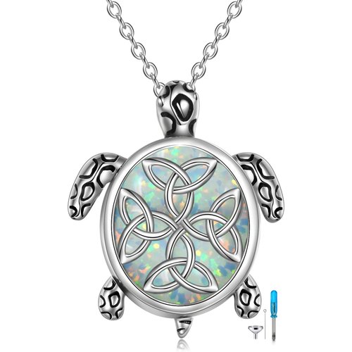 Sterling Silver Oval Shaped Opal Turtle Urn Necklace for Ashes