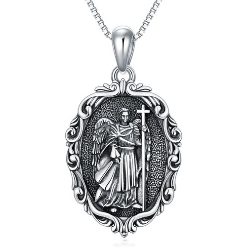 Sterling Silver Oval Shaped Saint Michael Pendant Necklace