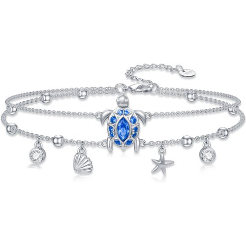 Sterling Silver Oval Shaped Cubic Zirconia Sea Turtle & Starfish Layerered Bracelet