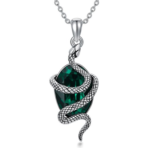 Sterling Silver Oval Shaped Snake Crystal Pendant Necklace