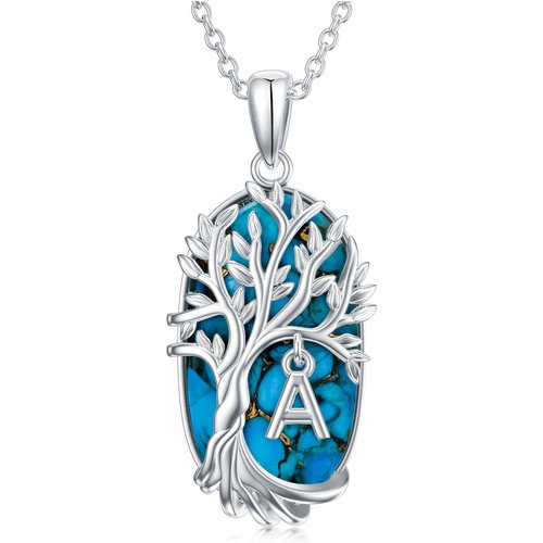 Sterling Silver Oval Shaped Turquoise Tree Of Life Pendant Necklace with Initial Letter A