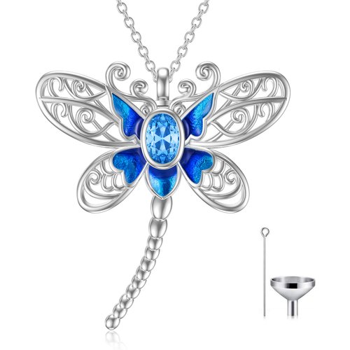 Sterling Silver Oval Shaped Zircon Dragonfly Pendant Necklace
