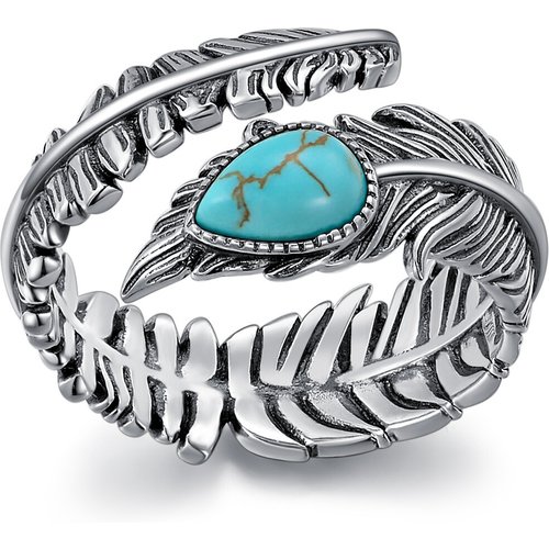 Sterling Silver Oval Turquoise Feather Ring with Engraved Word