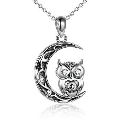 Sterling Silver Cubic Zirconia Owl & Moon Pendant Necklace
