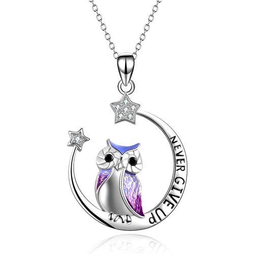 Sterling Silver Cubic Zirconia Owl & Moon Pendant Necklace with Engraved Word